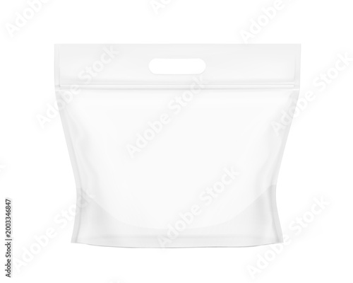 Vented fruit transparent plastic bag with punched holes and handle mockup. Vector illustration isolated on white background. Ready and simple to use for your design. Scalable without lose quality. EPS