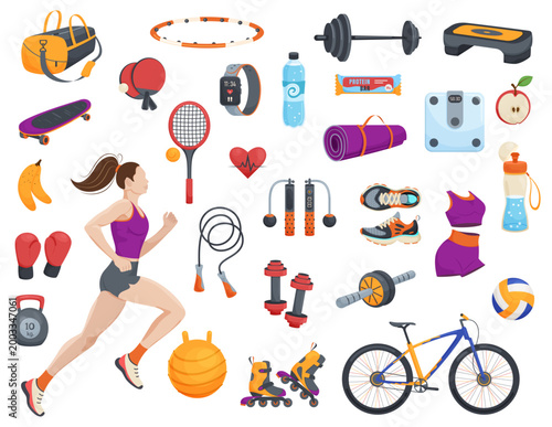 Set of sports accessories dumbbells, kettlebell, jump rope, scales, hula hoop, sneakers, ball, rackets. The concept of a healthy lifestyle, sports, fitness. Vector illustration on a white background.