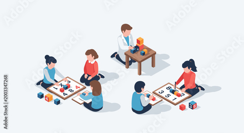 Children and teacher engaged in educational activities in a classroom setting.