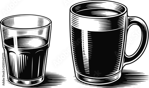 Engraved set of glass tumbler and ceramic coffee mug isolated on transparent background.