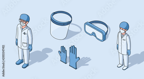 Medical professionals and personal protective equipment illustration.