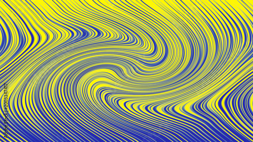 Abstract optical illusion with swirling yellow blue wavy lines forming dynamic spiral vortex motion depth psychedelic pattern