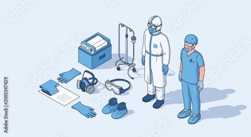 Medical professionals and protective equipment for pandemic response.