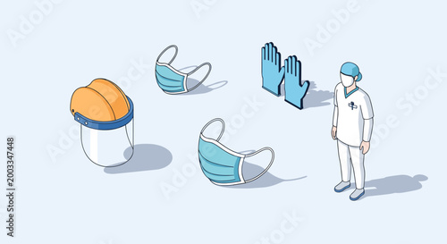 Medical supplies and healthcare professional isometric illustration.