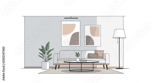 Minimalist living room interior with modern furniture and abstract art.