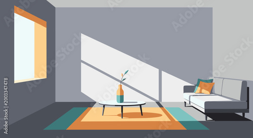 Minimalist living room with sofa, coffee table, and vase, bathed in natural sunlight.