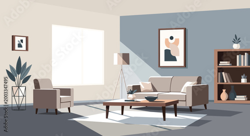 Modern living room interior with comfortable sofa and armchair.
