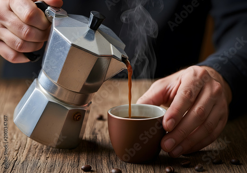 Macro view of hands carefully pouring hot, aromatic espresso from a traditional silver moka pot into a small, elegant brown ceramic cup on a distressed wooden table, with scattered coffee beans.