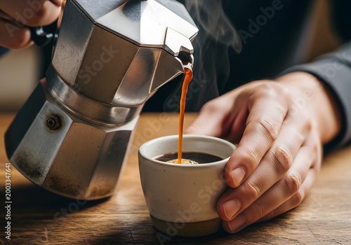 Close-up of hands pouring rich, dark, steaming espresso coffee from a classic silver moka pot into a small, rustic ceramic cup on a warm, textured wooden table, creating a cozy morning scene.