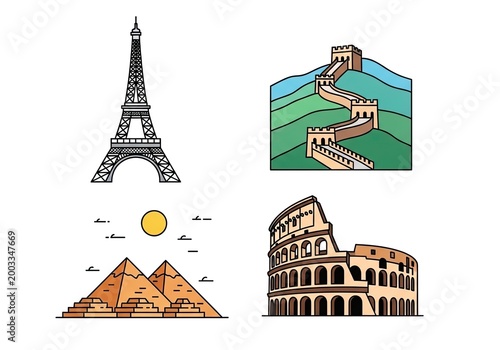 Famous world landmark icons including Eiffel Tower and Great Wall