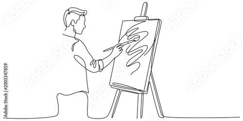 Continuous one line drawing of a male artist painting on a canvas placed on an easel. Minimalist creative process concept. Vector illustration in sketch style for art school, workshop, or hobby themes