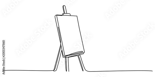 Single continuous line drawing of a blank artist's easel. Minimalist vector illustration of empty canvas on a tripod stand, perfect for creative templates or art studio concepts.