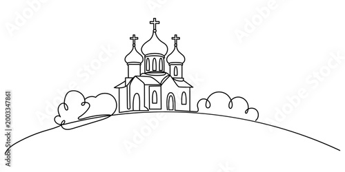 Continuous one line drawing of a traditional Orthodox church located on a hill with bushes. Minimalist architectural vector illustration in sketch style.