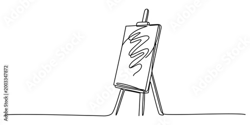 One line drawing of a professional artist easel with a sketch on it. Minimalist design for art exhibitions, galleries, or creative workshops. Isolated vector sketch. One line drawing.