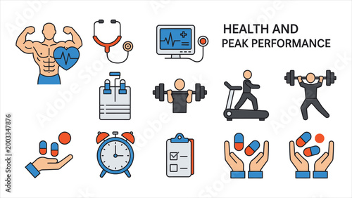 A Comprehensive Icon Set for Heart Monitoring, Fitness Training, and Medical Management.
