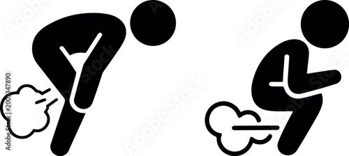 Farting human icon vector set, funny body gas release pictogram silhouettes with humorous expression isolated on white background