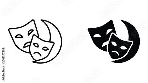 Comedy and tragedy theater masks inside crescent moon icons