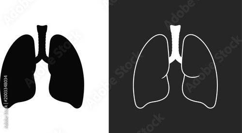 Human lungs icon set, simple silhouette and line icons representing respiratory system anatomy for healthcare medical apps and educational design projects.