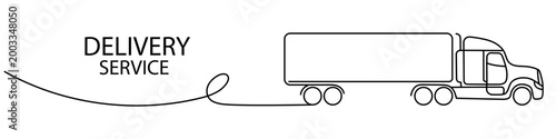 A single-line illustration of a semitrailer with text for a heavy-duty delivery service. This single-line illustration is for commercial delivery, freight, and an international transportation company.