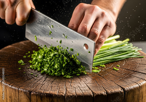Close up of a professional chef hands using a sharp metal cleaver to finely chop fresh green chives and parsley on a rustic wooden cutting board surface.