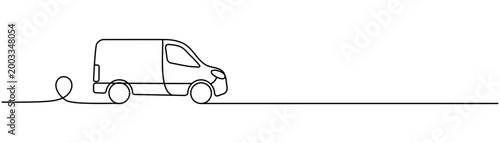 Minimalistic vector illustration of a truck. Solid line drawing of a delivery van. Concept art for logistics and delivery. Van silhouette suitable for a web banner or logo. Editable outline.