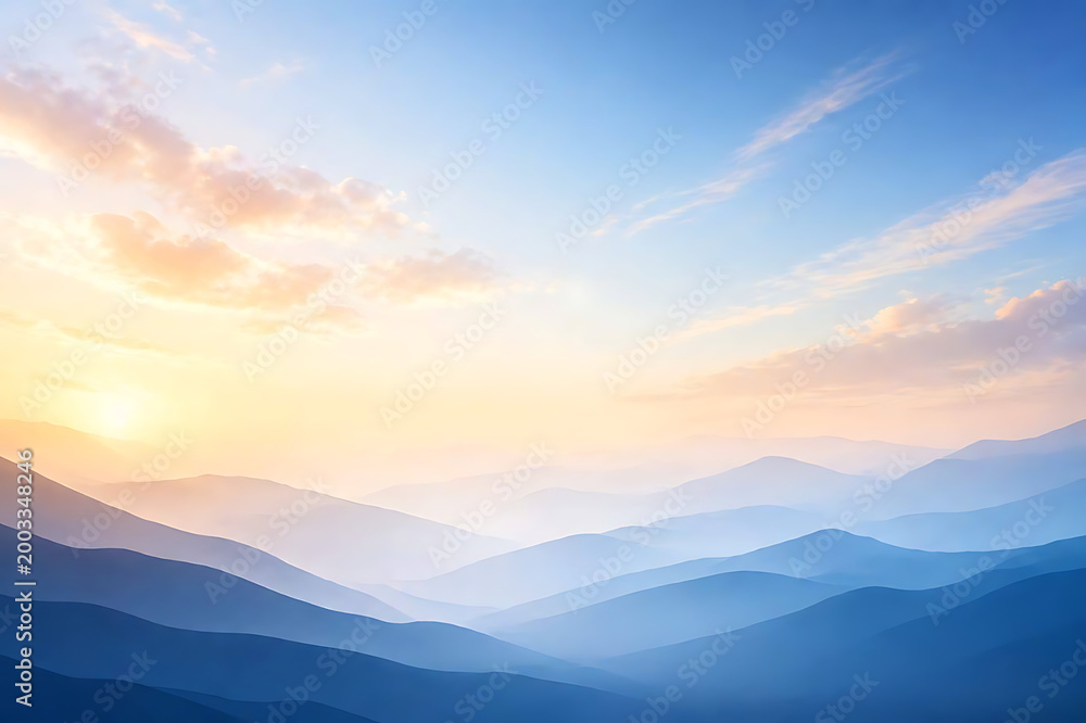 Fototapeta premium Serene Blue Mountain Landscape with Soft Sunrise Sky Background
