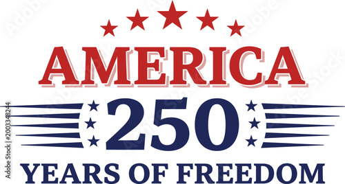 America 250 years of freedom logo with red stars and blue text on white background