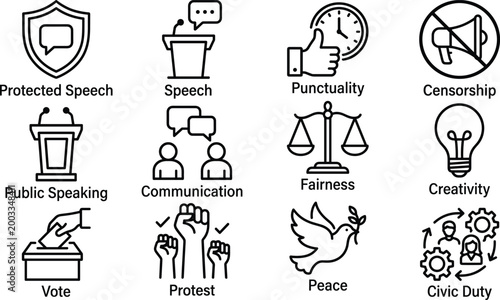 Tableau sur toile Civil rights and freedom icons set with speech voting protest justice communicat