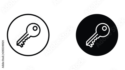Minimalist key icon in black and white circular badge