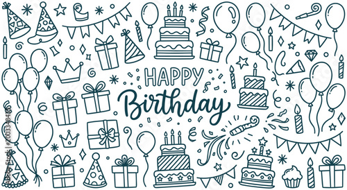 Festive birthday celebration illustration containing variety of gift boxes balloons cupcakes and party hats surrounded by bunting banners and stars for invitations and holiday scrapbooking.