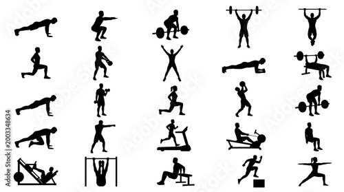 Bild auf Leinwand Black silhouettes of people exercising weights.