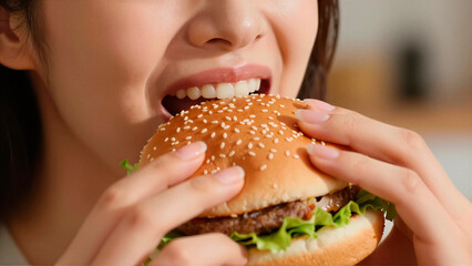 Close-up of a hungry Asian woman biting into a delicious hamburger with a sesame bun and lettuce. This high-quality food photography depicts a person enjoying a tasty fast food meal