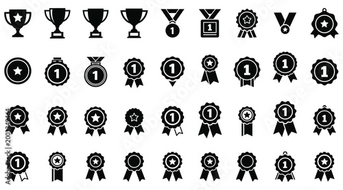Set of trophy and medal icons, award symbols for competition and victory
