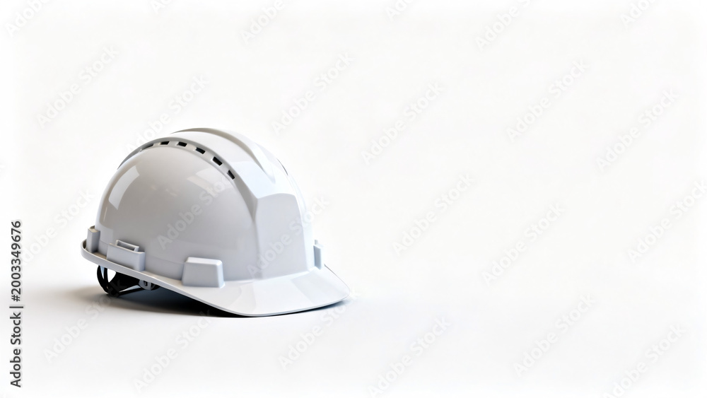 Fototapeta premium A white construction hard hat with ventilation slots and adjustable strap rests on a smooth surface against a plain background.