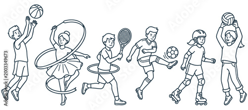 Black and white line drawing showcasing children involved in diverse sports. Activities include basketball, rhythmic gymnastics, tennis, soccer, rollerblading, and volleyball. Simple, clean style.