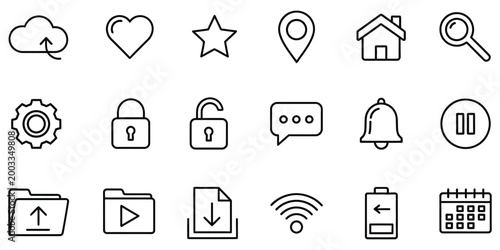 Set of 15 black outline cloud, heart, star, location, house, search, gear, lock, chat, bell