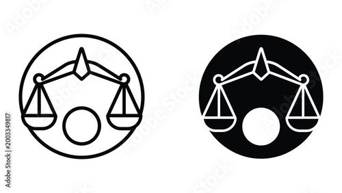 Balanced scales of justice icon with moon and circle background