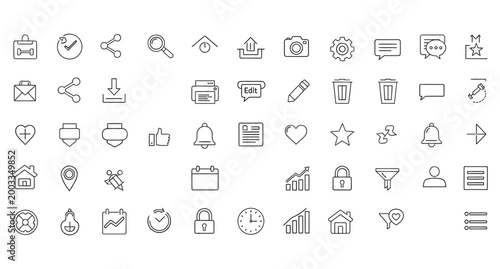 Collection of thin line for web and app interface, including business, communication, and