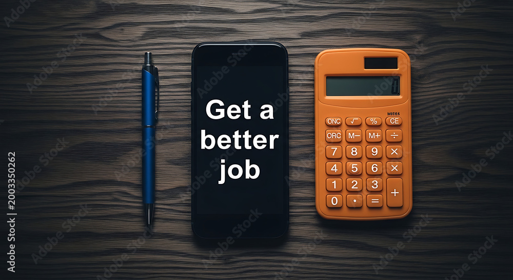 Obraz premium smartphone with get a better job text, calculator and pen on wooden desk