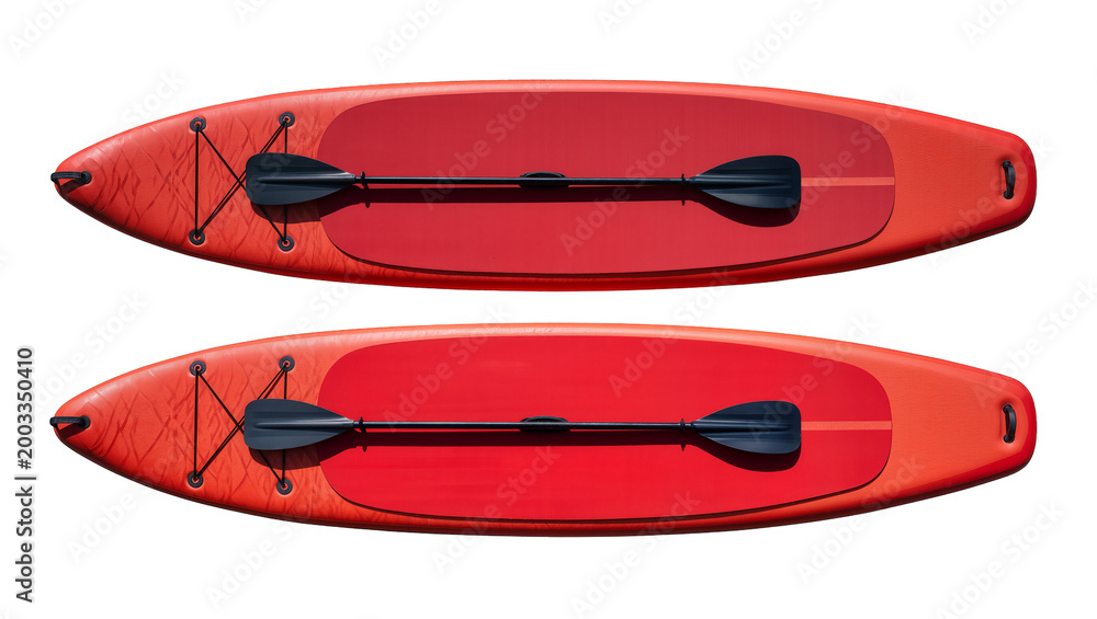 Fototapeta premium Isolated two red inflatable stand up paddle boards with black paddles, watersport equipment