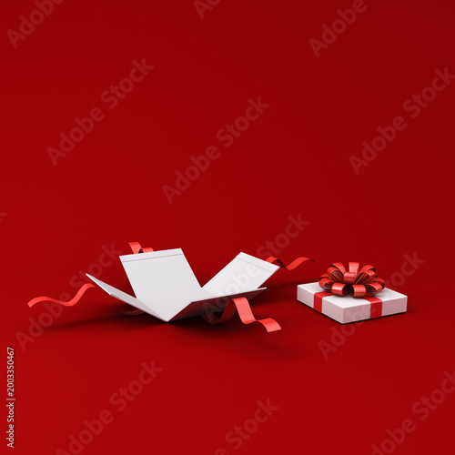 Blank open white gift box or opening present box with red ribbons isolated on dark red background with shadow 3D rendering