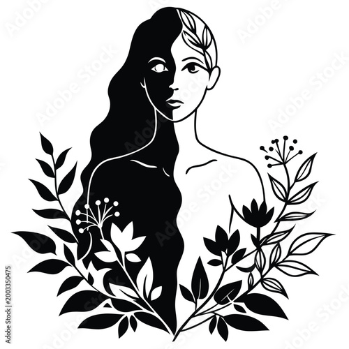 Stylized woman portrait with natural elements black and white illustration yin yang concept