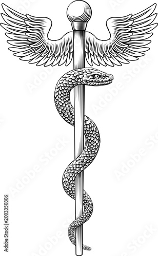 Rod of Asclepius staff medical symbol. Snake around rod or wooden staff. Often mistakenly called Caduceus. Doctor medicine and health care icon. Vintage woodcut etching style. Also features wings.
