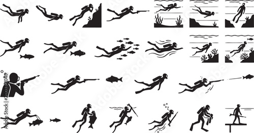 Spearfishing and Freediving Underwater Action Icons - Stealth Hunting Silhouette.