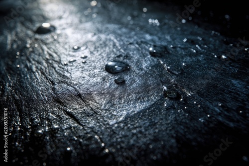 Close-up of water droplets on a dark, textured surface with shimmering highlights