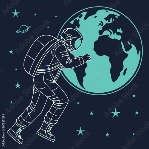 Astronaut flying in space with earth in background, stars around, space exploration concept vector illustration