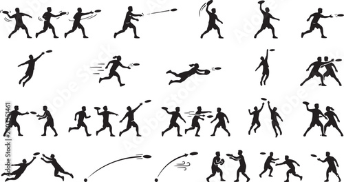 Ultimate Frisbee Throwing Techniques Icon Set - Disc Sport Action Silhouettes.