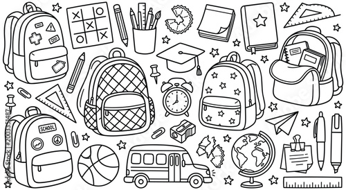Detailed collection of backpacks and school items including alarm clocks books globes pencils and drafting tools. Outline style drawings representing student gear for learning and daily class needs.