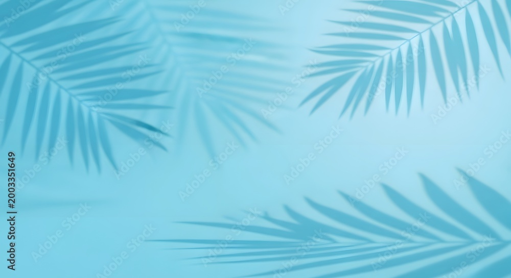 Fototapeta premium Calm tropical abstract background, smooth light blue gradient with subtle palm leaf shadows
