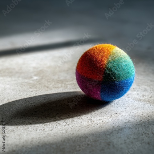 Colorful Felt Ball on Concrete Surface with Shadow
